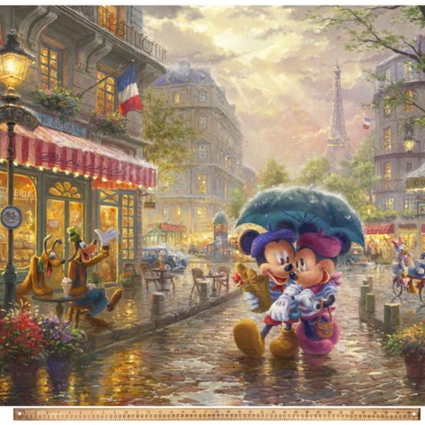 Mickey and Minnie in Paris Thomas Kinkade Painting Fabric Panel