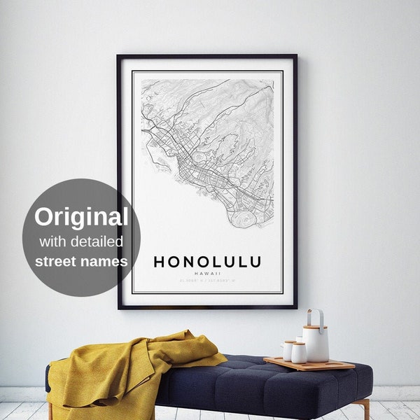 Honolulu Map Print, Honolulu Hawaii, Map of Honolulu, Hawaiian Gifts, Honolulu Gifts, Wedding Gifts, Anniversary Gifts, Valentine Gifts