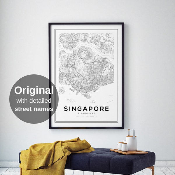Singapore Map Print - Black and White City Wall Art, Minimalist Asia Poster, Travel Gift (Digital Download)
