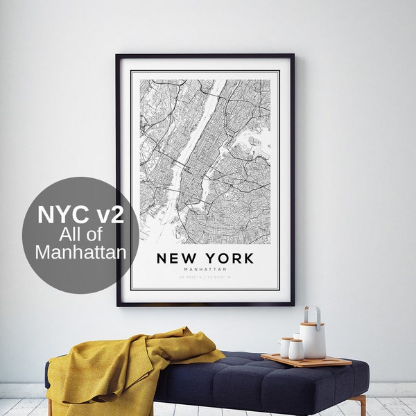 Cartes de New York, carte de Manhattan, New York, impressions de cartes, décoration d'intérieur moderne, cadeaux carte, idées cadeaux, New York, New York, Central Park, cartes