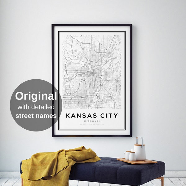 Impresión de mapas de Kansas City, regalos de Kansas, mapa de Kansas City, Kansas City Missouri, arte de la pared del mapa, impresión digital de la pared, impresión de mapas digitales