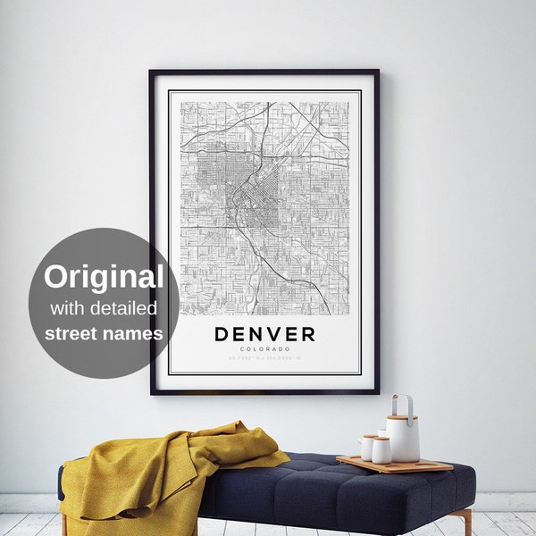 Stampa della mappa di Denver, Poster della mappa di Denver, Denver Colorado, Regali Denver, Mappe stradali di Denver, Mappe di viaggio, Arredamento moderno per la casa, Stampa del soggiorno