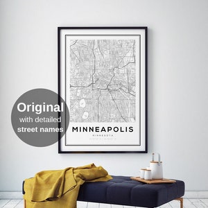 Impression de carte de Minneapolis, carte de Minneapolis, carte du Minnesota, cadeaux de carte, en vente, cadeaux de la Saint-Valentin, cadeaux d'anniversaire, idées cadeaux, art mural carte
