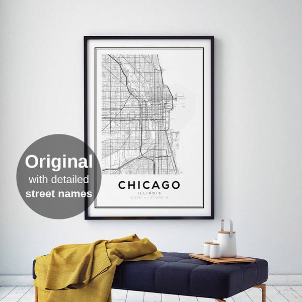 Chicago, carte de Chicago, carte de Chicago, Illinois, impression de carte de Chicago, carte de l'Illinois, impression de carte des États-Unis, carte noir et blanc de Chicago, Illinois