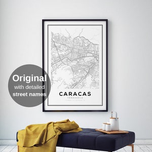 Impression de carte de Caracas, cartes du Venezuela, affiche de carte de Caracas, décoration d'intérieur moderne, minimalisme moderne, cartes de l'Amérique du Sud, Venezuela, art mural Caracas