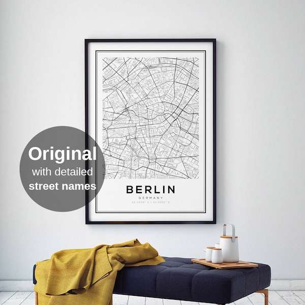 Impresión de mapas de Berlín, Mapa de la ciudad de Berlín, Cartel del mapa de Berlín, Berlín, Mapa en blanco y negro, Alemania, Impresión de Alemania, Karte de Berlín, Minimalista moderno