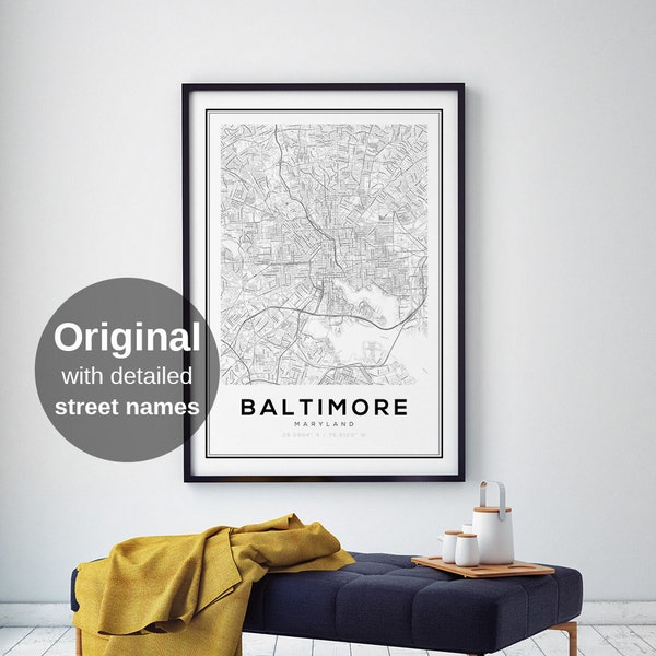 Baltimore Map Print, Maryland Maps, US Maps, City Prints, Baltimore Wall Art, Maryland Posters, Street Maps, American Maps, Map Gift Idea