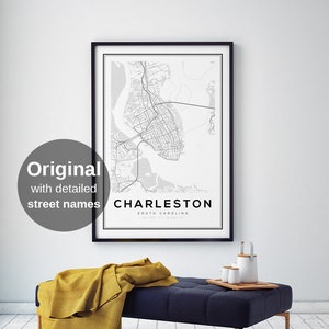 Charleston kaart afdrukken, kaarten, kaart afdrukken, Charleston kaart poster, kaarten van South Carolina, South Carolina, VS, Amerikaanse kaartposters, stratenplan afdrukken