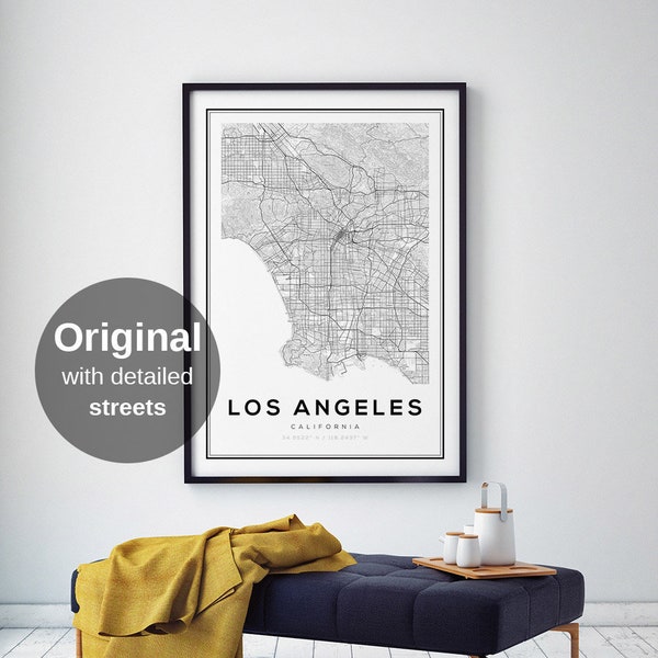 Kaartafdruk Los Angeles - zwart-wit kunst aan de muur LA, minimalistische stadsposter, reiscadeau (digitale download)