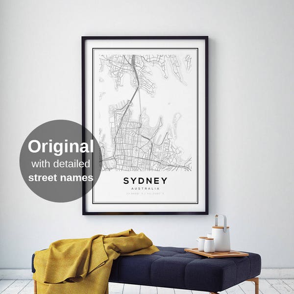 Sydney City Map Wall Art Print - Black & White Minimalist Decor, Australia Travel Poster (Digital Download)