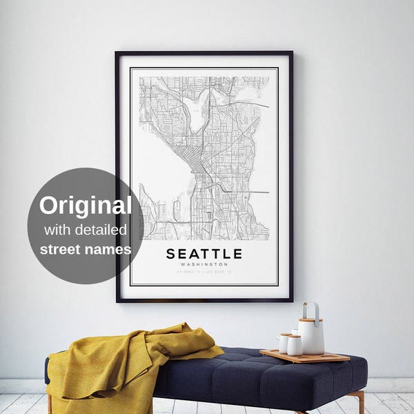 Seattle Map Print, Washington City Maps, City Map Prints, Wall Art, Seattle Washington, US City Maps, Black and White maps, Seattle City Map