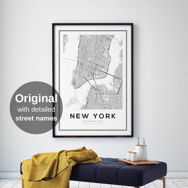 New York Map Print, Printable Wall Art, NYC Map, Manhattan Map Poster, NYC, United States Map Print, New York City, Black and White Map
