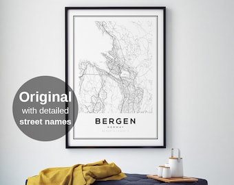Bergen Norway Map Print Minimalist - City Street Wall Art Poster, Black White Scandinavia Travel Decor (Digital Download)