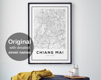 Printable Chiang Mai Map Print - Thailand City Wall Art, Modern Asian Travel Poster, Minimalist Black (Digital Download)