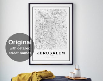 Jerusalem Map Print, Jerusalem Israel, Map of Jerusalem, Israeli Gifts, Israeli Maps, Jerusalem Gifts, Religious Gifts, Street Map Print