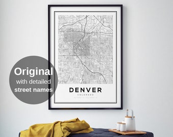 Denver Map Print, Denver Map Poster, Denver Colorado, Denver Gifts, Denver Street Maps, Travel Maps, Modern Home Decor, Living Room Print