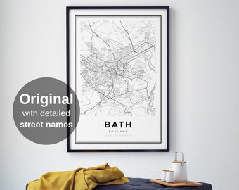 Bath Map Print, Bath England, England, Street Map Art, UK Maps, Trendy Wall Art, Large Maps, Travel Maps, Map Posters, Home Decor