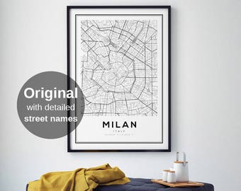 Milan City Map Wall Art Print - Black & White Minimalist Decor, Italy Travel Poster (Digital Download)