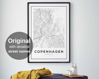 Mapa imprimible de Copenhague - Arte mural de calles de la ciudad de Dinamarca, póster de viaje minimalista escandinavo, regalo nórdico (descarga digital)