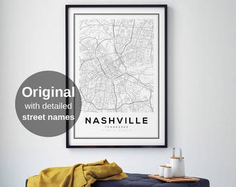 Nashville City Map Print,  Nashville Tennessee, Street Map Print, City Map Wall Art, Tennessee Map, Nashville Map Poster, Modern Home Decor