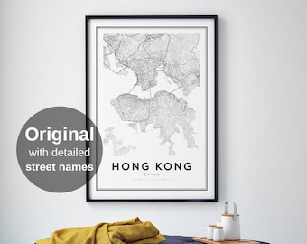 Hong Kong Map Print - Black and White City Wall Art, Minimalist Asia Poster, Travel Gift (Digital Download)