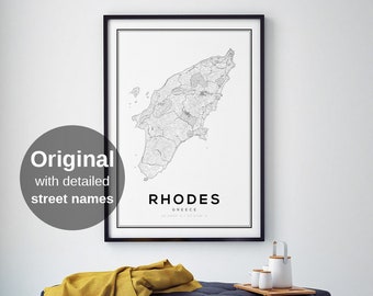 Rhodes Map Print, Map of Rhodes, Map of Greece, Vacation Maps, Holiday Maps, Map Prints, City Map Wall Art, Street Map Art, Large Maps