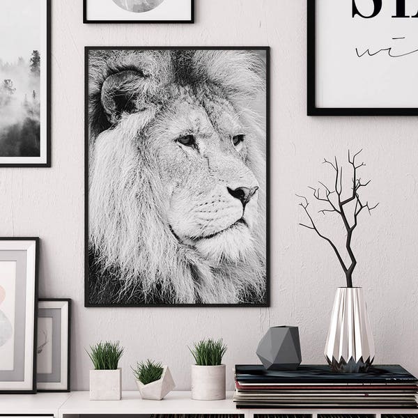 Impresión digital de león, arte de la pared del león, cartel Skandinavisch, impresión digital, arte en blanco y negro, impresión de la selva, impresión del tigre, decoración del hogar nórdico