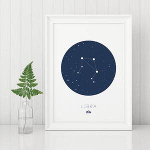 Puede incluir: Una impresión enmarcada en blanco con un círculo azul marino que contiene la constelación de Libra y el texto "LIBRA" con el símbolo del zodíaco de Libra debajo.