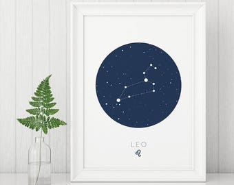 Leo Print, Leo wall art, Zodiac Prints, Digital Wall Art, Constellation Prints, Leo Constellation, Astrology Prints, Blue and white print