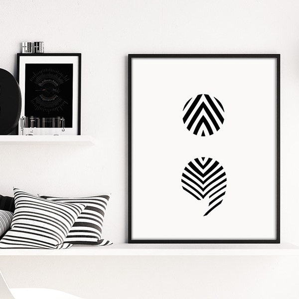 Semicolon print, minimalist print, Scandinavian print, black and white print, modern minimalist, modern decor, digital wall art, digital art