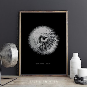 Dandelion wall art, plant print, modern minimalist, modern home decor, flower print, botanical print, flower wall art, black and white print
