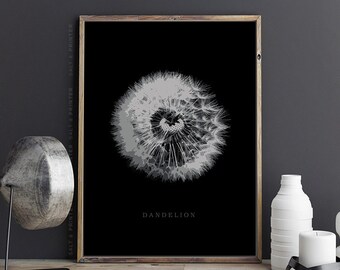 Dandelion wall art, plant print, modern minimalist, modern home decor, flower print, botanical print, flower wall art, black and white print