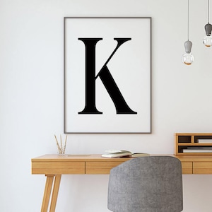 Impresión de la letra K, arte mural con la letra K, impresión tipográfica, letras en blanco y negro, impresiones de letras, arte mural con letras, impresión minimalista, K, impresiones del alfabeto