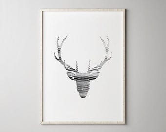 Impressão de cabeça de veado - pôster de arte de parede minimalista, decoração de casa com chifres escandinavos, preto e branco (download digital)