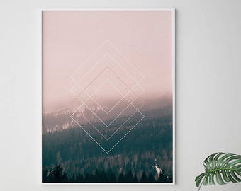 Pink forest print, geometric wall art, double exposure, Scandinavian art, forest printable, printable wall art, Nordic wall art, home decor