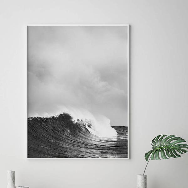 Minimalist Ocean Wave Wall Art Print - Black & White Coastal Decor, Abstract Nature Poster (Digital Download)