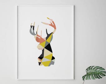 Impressão de Cabeça de Veado - Arte de Parede Minimalista Escandinava, Pôster de Animal Nórdico, Decoração Moderna Boho com Tema de Vida Selvagem (Download Digital)