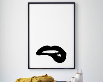 Stampa labbra minimaliste - Poster moderno da parete, arredamento femminile in stile scandinavo, bianco e nero (download digitale)