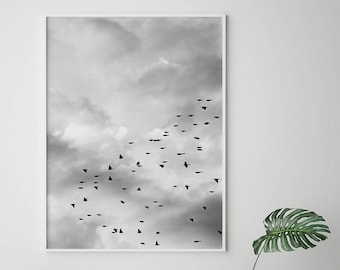 Fliegende Vögel Druck Skandinavisch - Minimalistischer Himmel Wand Kunst Poster, Flock Wolke Natur Home Decor (Digitaler Download)