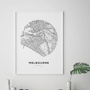 Impression de carte de Melbourne, Australie - affiche d'art mural rue de la ville moderne, voyage minimaliste décoration noir blanc (téléchargement numérique)