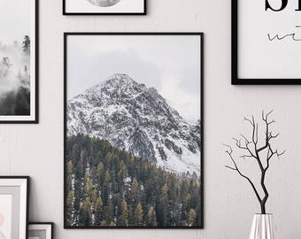 Digitale print Snow Mountain - minimalistische muurkunstposter, Scandinavisch natuurlandschap, woondecoratie (digitale download)