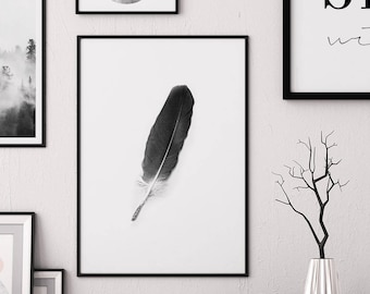 Black Feather Print - Scandinavian Minimalist Wall Art Poster, Modern Boho Home Decor Black White (Digital Download)