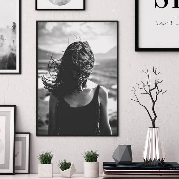 Scandinavian photo, girl photography, wind wall art, black and white photo, nordic wall art, surreal wall art, printable wall art, hair art