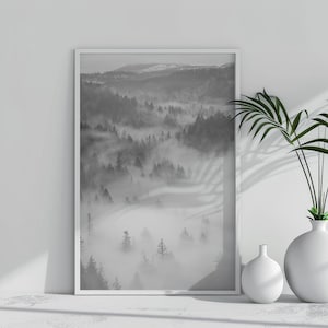 Printable Foggy Mountain Print - Scandinavian Minimalist Forest Wall Art, Nordic Landscape Poster, Cozy Nature Decor (Digital Download) image 2
