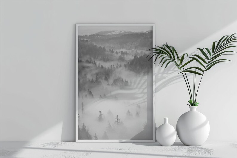 Printable Foggy Mountain Print - Scandinavian Minimalist Forest Wall Art, Nordic Landscape Poster, Cozy Nature Decor (Digital Download) image 2