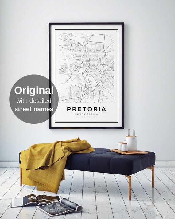 Printable Pretoria Map Print - South Africa City Wall Art, Minimalist Travel Poster, Urban African Black White Gift (Digital Download)