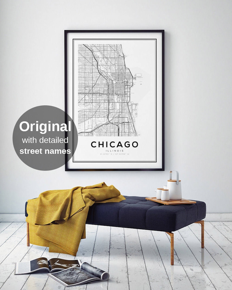 Chicago, Chicago Map, Chicago Illinois Map, Chicago Map Print, Illinois Map, United States Map Print, Chicago Illinois Black and White Map image 1