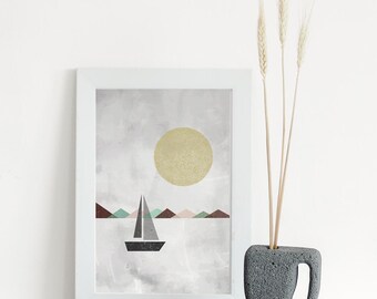 Sailing in the Sun Print - Geometric Sailboat Wall Art Poster, Scandinavian Minimalist Coastal Home Decor (Digital Download)