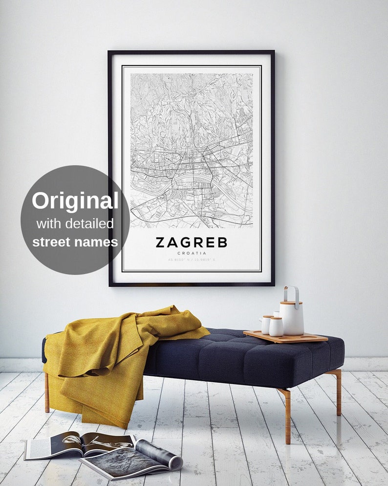 Zagreb Map Print, Map of Zagreb, Zagreb Croatia, Map of Croatia, Map Wall Art, Map Print, Street Map Art, Wall Decor Ideas, Bedroom Wall Art image 1