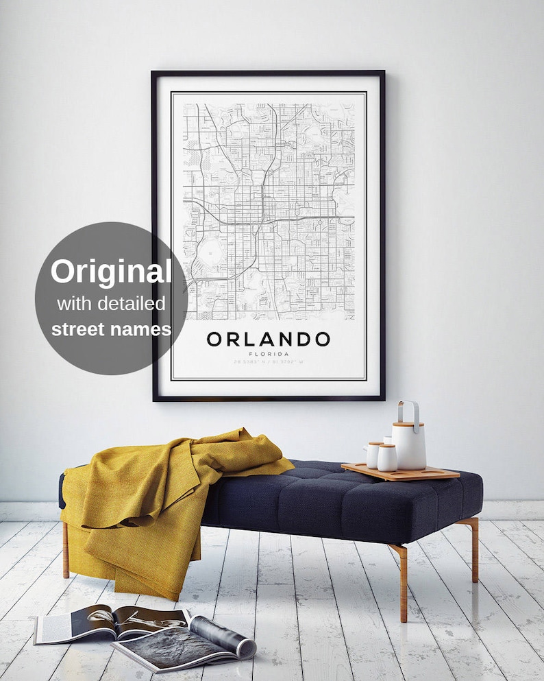 Orlando Map Print, Florida City Map, FL Map Print, Orlando City, Map Wall Art, Digital Map Print, Black and White Map, United States Maps image 1